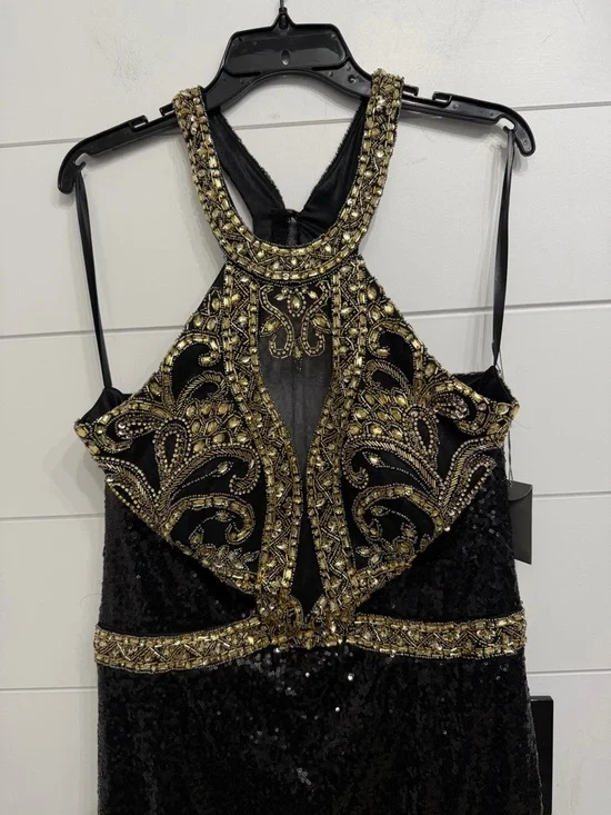 NEW Lucci Lu Women’s Black Gold Beaded Sequin Halter Gown Size 16 36295 - Picture 7 of 14